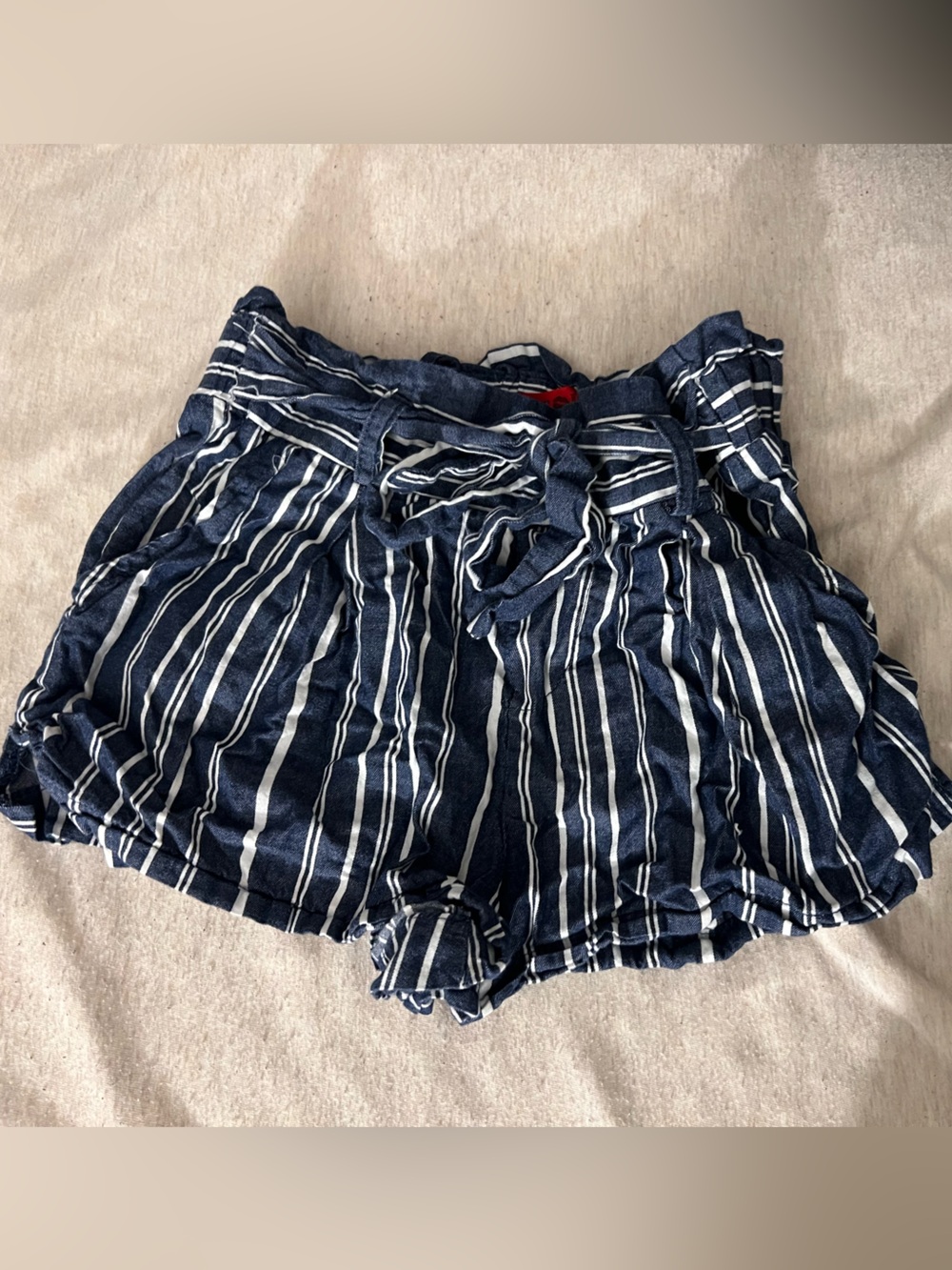Hot Kiss Navy and White Striped Paperbag Waist Shorts